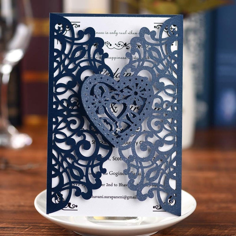 FOMTOR Laser Cut Wedding Invitations Kit 50 Packs Laser Cut Wedding Invitations with Blank Printable Paper and Envelopes for Birthday Parties (Navy Blue) - Image 2